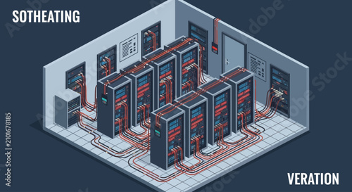 Isometric illustration of a server room with multiple racks for data storage.