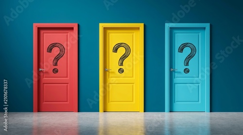 Conceptual image of three vibrant doors with question marks signifying difficult life choices and decision making.