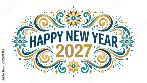 Картината върху платно Happy New Year 2027 Celebration Graphic: A festive and ornate graphic design proclaiming Happy New Year 2027 with decorative swirls, stars, and floral elements in blue and gold