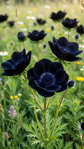 Stunning Black Anemone Flowers Blooming in a Vibrant Wildflower Field