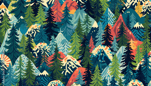 Картината върху платно A vibrant, stylized illustration depicting a dense, colorful forest with numerous mountains and snow-capped peaks in a repeating pattern