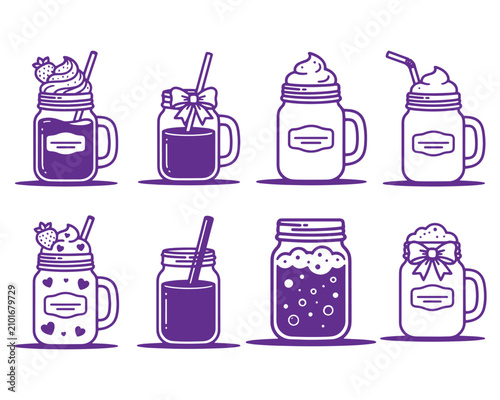 Cute Mason Jar Drinks and Smoothie Line Art Vector Illustration Set