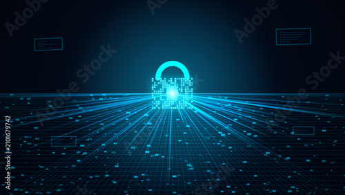 Cyber security concept featuring a glowing digital padlock on a futuristic technological data grid background
