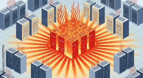 Fiery server surrounded by glowing data center towers.