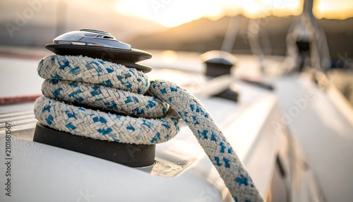 Coiled Blue White Sailing Rope Wrapped Around Winch on Sailboat Deck at Sunset