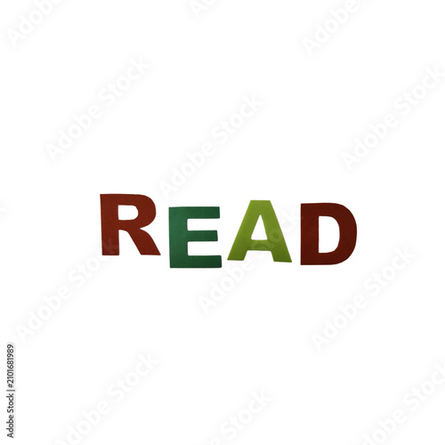 Colorful three dimensional block letters spelling out the word read in caps