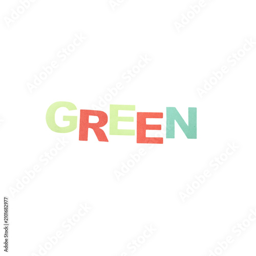 Multicolor typography spelling the word green in a playful artistic font style