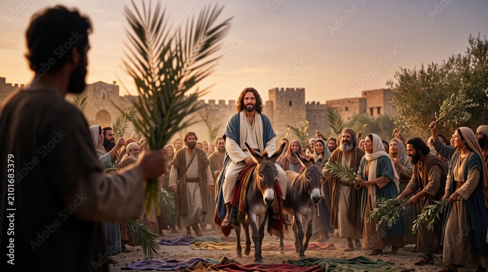 Fototapeta premium Jesus entering Jerusalem on a donkey as a crowd gathers to welcome him with palm branches. Biblical story of Palm Sunday showing religious historical event with man and woman followers.