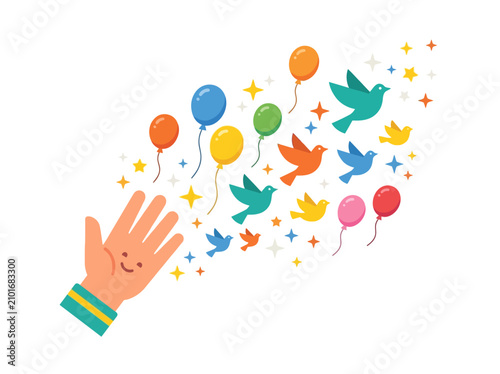 Obraz na plátně A smiling hand releases colorful balloons and doves with stars.
