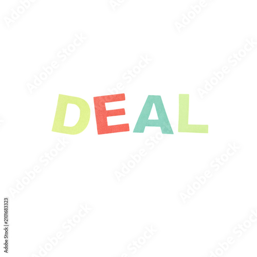 Pastel watercolor word art spelling out the word deal in colorful letters
