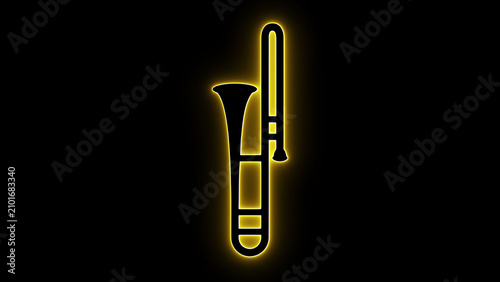 Photography A modern neon glowing trombone silhouette illustration on a dark black background, ideal for jazz themes, music posters, concert flyers, brass band designs, and digital artwork projects