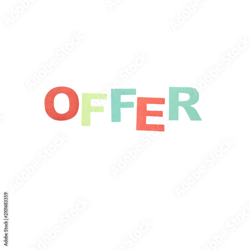 Colorful word offer written in bold capital letters with a textured finish