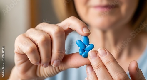 Close Up of Woman Holding Blue Pills in Soft Indoor Light