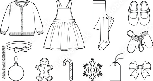 Quadro su tela Technical vector flat sketches of children winter clothing icons and Christmas h