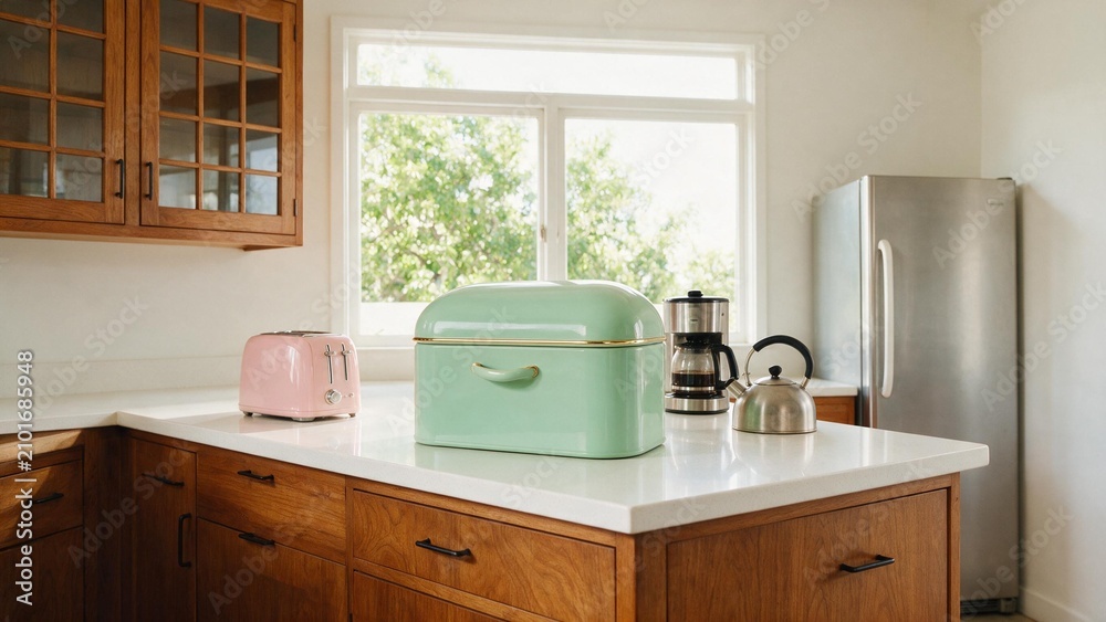 Fototapeta premium A bright modern kitchen island styled with a mint-green retro bread box, pink toaster, kettle, and coffee maker, looking out to a sunlit window.