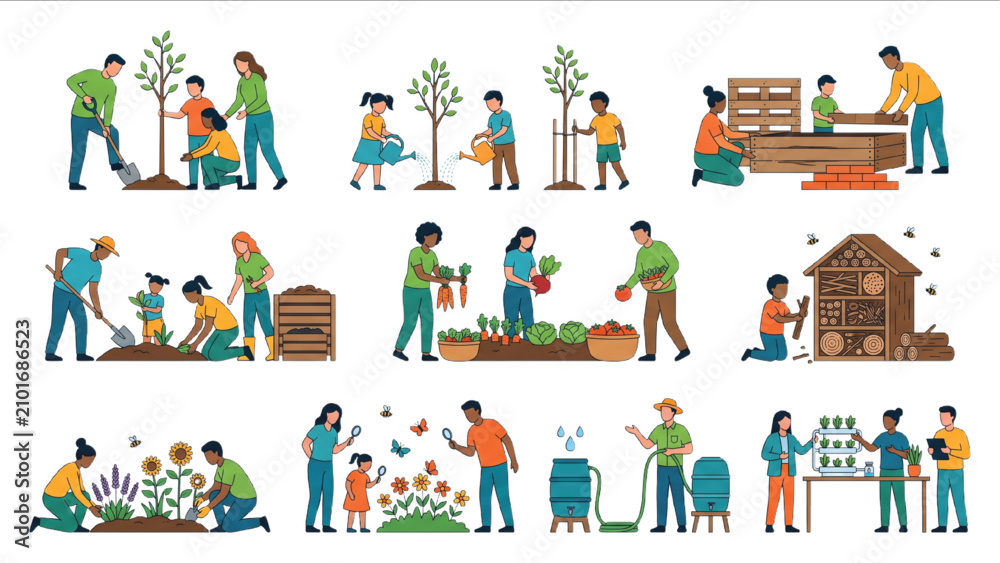 Fototapeta premium Educational Environmental Learning Collection with Tree Planting, Recycling Gardens, Pollinator Habitats and Sustainable Gardening Workshops Flat Vector
