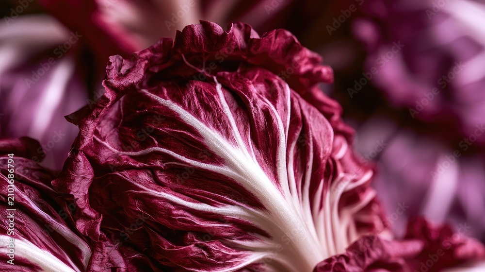 Obraz premium Close-up of dark red leafy vegetable with white veins, selective focus
