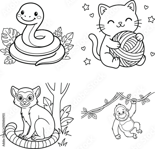 Cute cartoon snake and animals holding yarn illustration isolated on transparent background