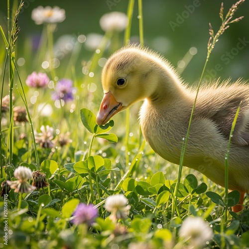 Fluffy Yellow Duckling Nibbling Clover in Sunlit Wildflower Meadow