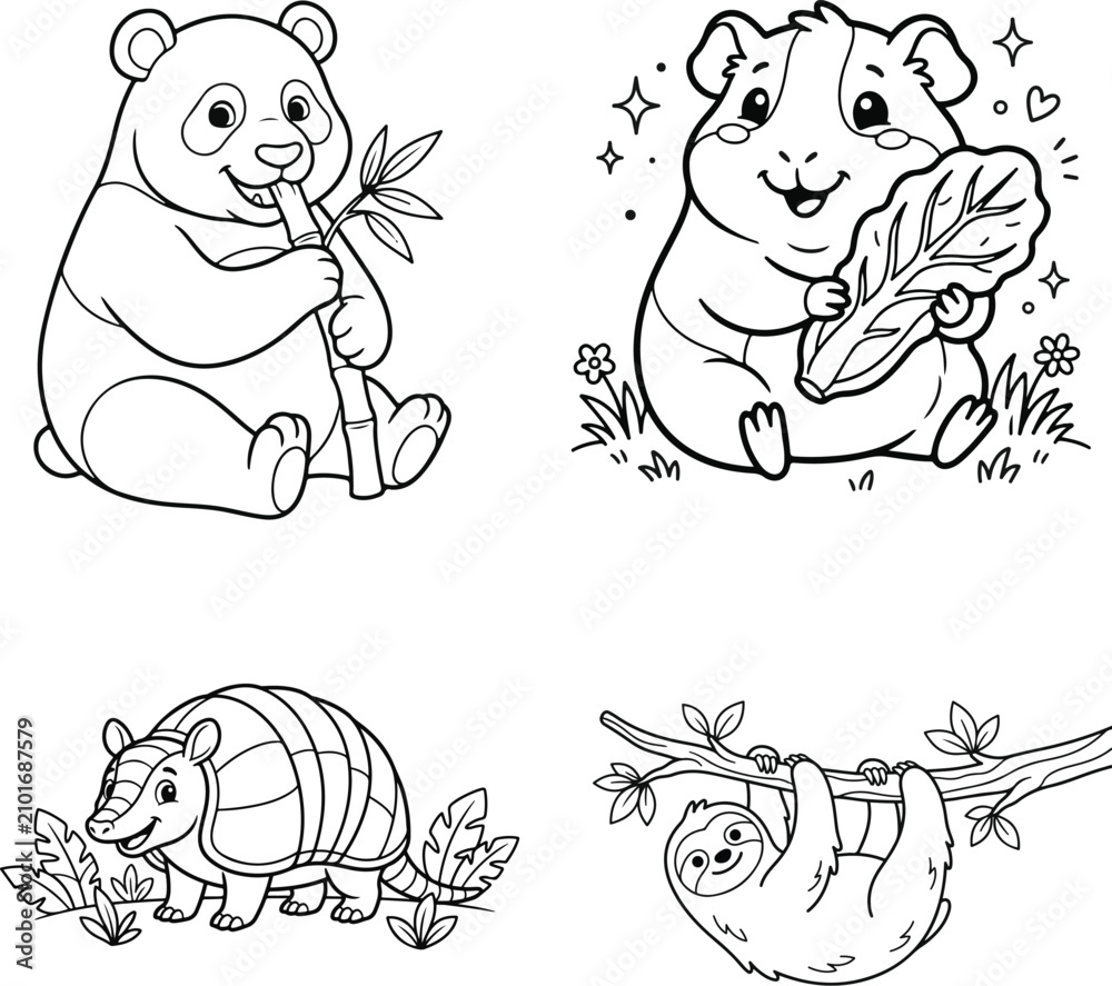 Fototapeta premium Cute cartoon animals eating bamboo leaves in a whimsical setting isolated on transparent background