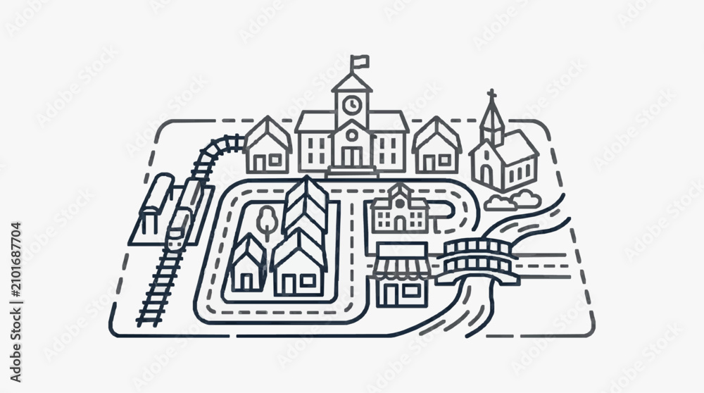 Obraz premium Minimalist Black and White Line Drawing of a Quaint Town with Railway Tracks Houses Church Clock Tower and Bridge