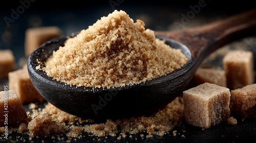 Raw unrefined brown sugar crystals heaped on dark wooden spoon surrounded by organic sweet sugar cubes scattered on rustic black table surface for baking concept