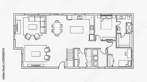 Foto Dynamic Black and White Floor Plan of Modern Apartment with Furniture Layout and