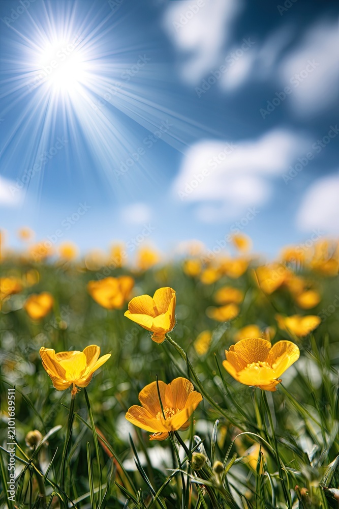 Fototapeta premium Bright sun shines on a field of vibrant yellow wildflowers under a blue sky (2)