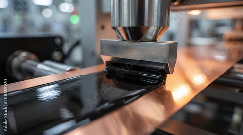 Close up of automated slot die coater applying black electrode slurry onto continuous copper foil during lithium-ion battery manufacturing