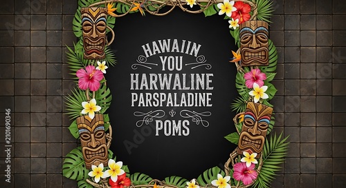 Hawaiian Tiki Mask Floral Frame Design.