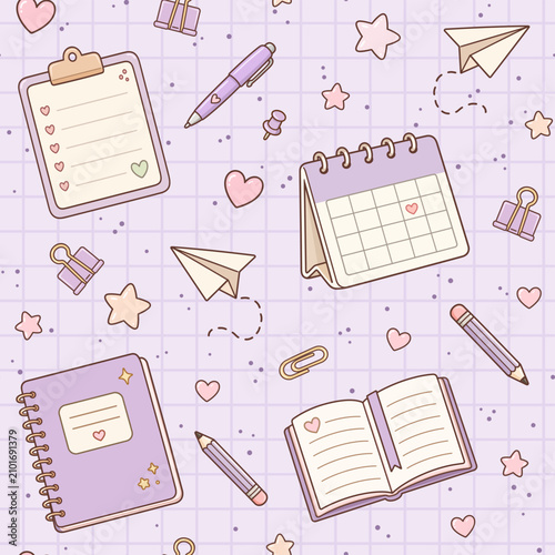 Cute kawaii stationery seamless pattern with planner, calendar, clipboard, and notebook on a pastel purple grid background.