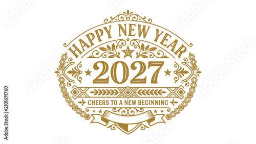Obraz na plátně Happy New Year 2027 Ornament: A vintage-style circular ornament proclaims Happy New Year 2027 with ornate flourishes and a banner that reads Cheers to a New Beginning