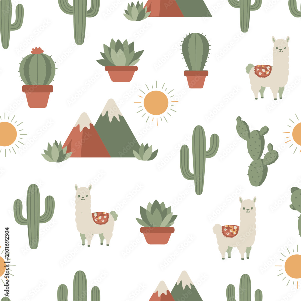 Obraz premium Cute Llama and Cactus Pattern