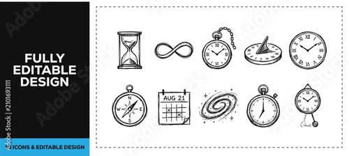 Black ink scribble hand drawn time management and history icon set bundle for business productivity branding and creative vector sketch doodle graphics design asset res hd res