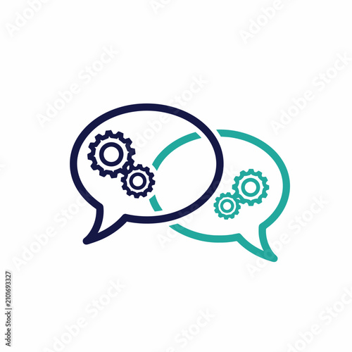 Two Interconnected Speech Bubbles with Gears Inside.