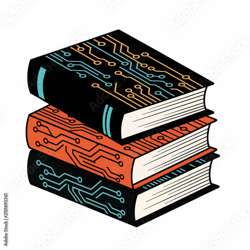 Stack of books with circuit board patterns on covers.