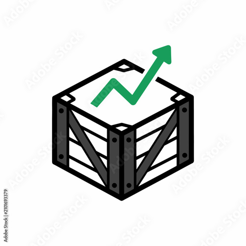 Wooden Crate with Upward Trending Green Arrow Icon.