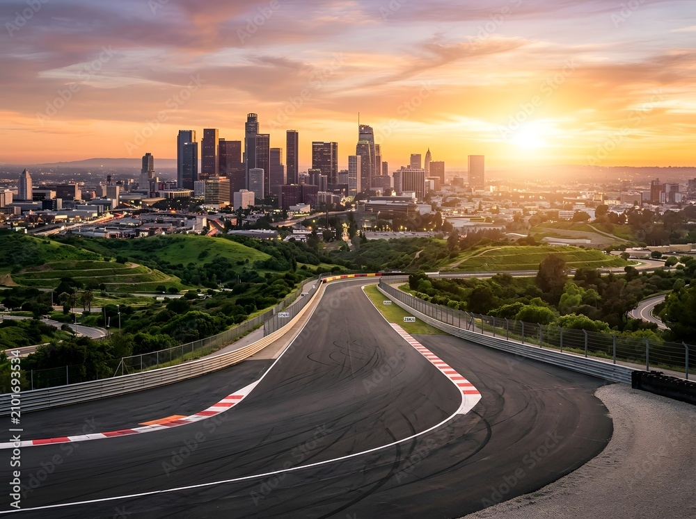 Obraz premium Los angeles racetrack with downtown skyline at golden hour