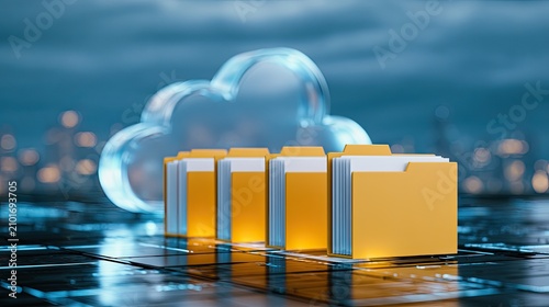 Digital storage organized in folders, with a glowing cloud in background
