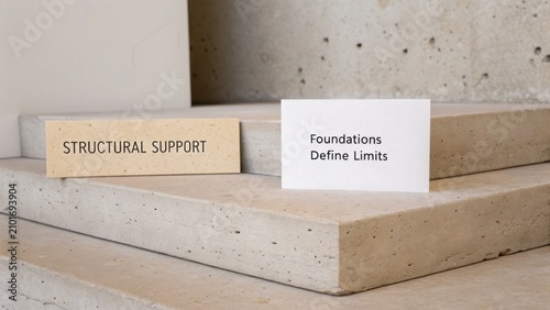 Elegant Concrete Stairs with Architectural Signage Displaying Text about Structural Support and Foundations in Modern Design