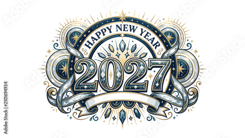 Tableau sur toile Happy New Year 2027 Illustration: An ornate and festive illustration celebrating the arrival of the New Year 2027, featuring stylized numerals, shimmering gemstones