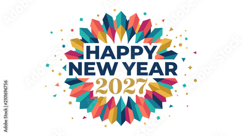 Cuadro en lienzo Happy New Year 2027 Abstract Celebration: A vibrant and colorful abstract design bursting with geometric shapes and confetti, proclaiming Happy New Year 2027 in bold typography