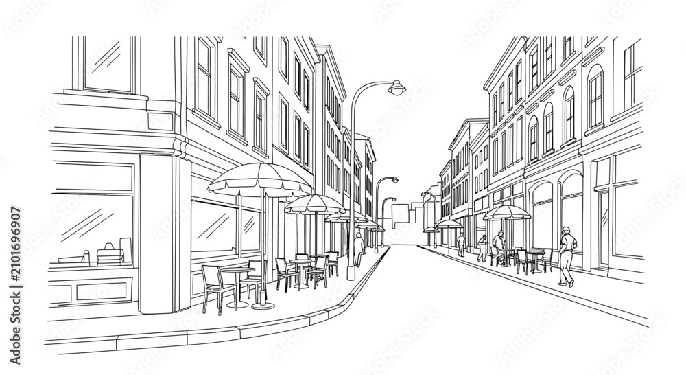 Obraz premium Street cafe sketch, European city, outdoor dining, architectural sketch
