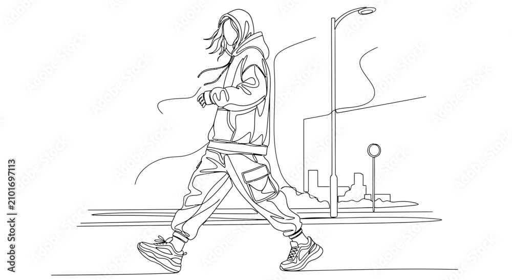 Fototapeta premium Urban Walker: Minimalist Line Art of a Person Striding in a Cityscape