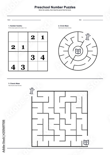 Kids Number Puzzle Worksheet with Sudoku and Mazes