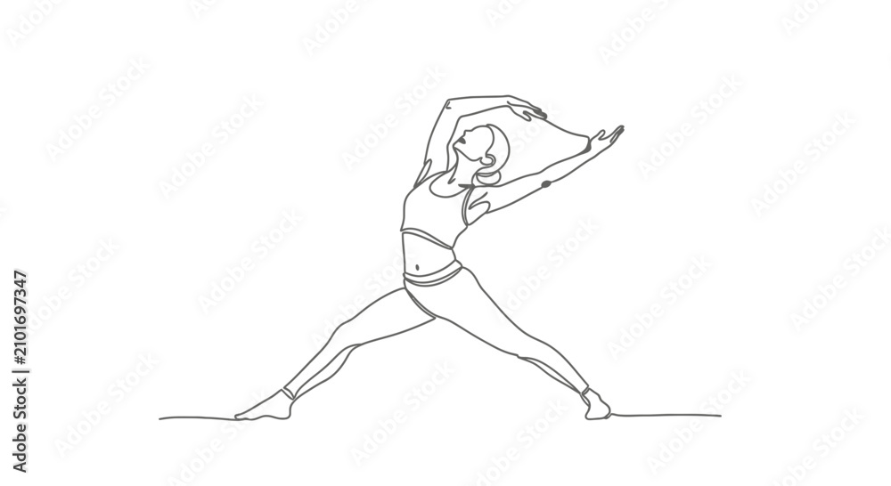 Fototapeta premium Woman practicing yoga, Warrior II pose, continuous line drawing, elegant fitness illustration