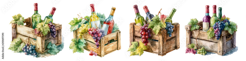 Obraz premium Wine bottles are placed in wooden crates, surrounded by fresh grapes and vine leaves, illustrating the traditional process of vineyard harvesting and presenting fine beverage products