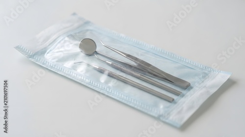 Sterile dental instruments in a sealed pouch. Medical tools for oral hygiene examination.