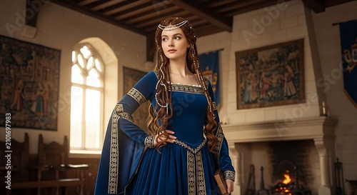 Elegant Young Woman Wearing Blue Medieval Gown Standing in Castle Hall