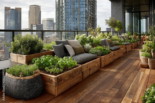 Stylish urban garden featuring organic plants, vegetables and herbs for eco friendly lifestyle concepts.